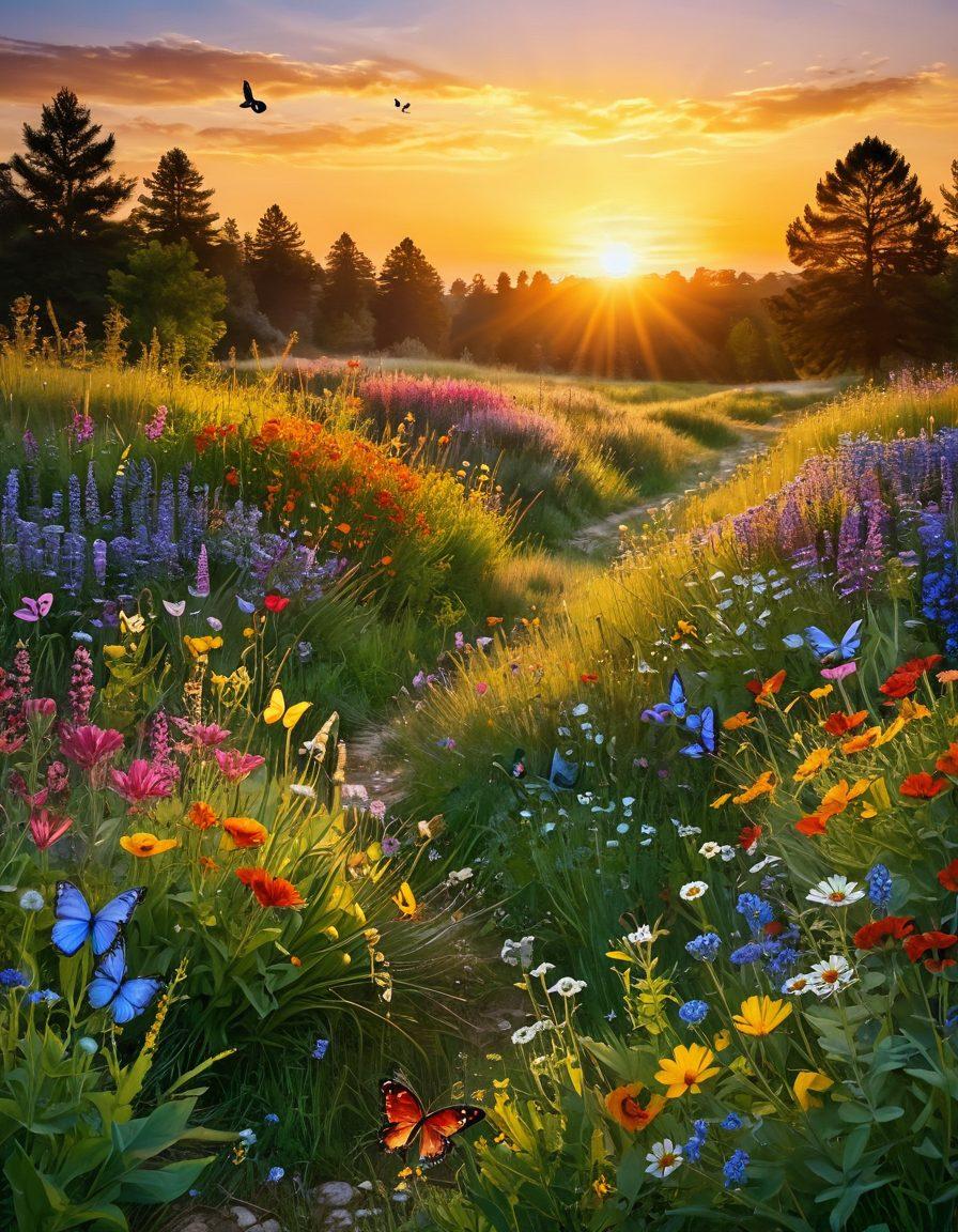 A serene landscape featuring a sunrise over a joyful meadow filled with colorful wildflowers and butterflies, symbolizing happiness and bliss. Include a winding path that invites the viewer to explore, with silhouettes of people laughing and enjoying life in the distance. Envelop the scene in a warm, golden light to convey positivity and joy. vibrant colors. super-realistic.