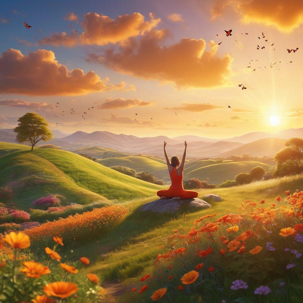A serene landscape depicting a vibrant sunrise over rolling hills, with a joyful figure practicing yoga, surrounded by blooming flowers and butterflies soaring in the air. Include golden rays illuminating the scene, symbolizing happiness and positivity. The atmosphere should evoke feelings of warmth and tranquility. super-realistic. vibrant colors. 3D.