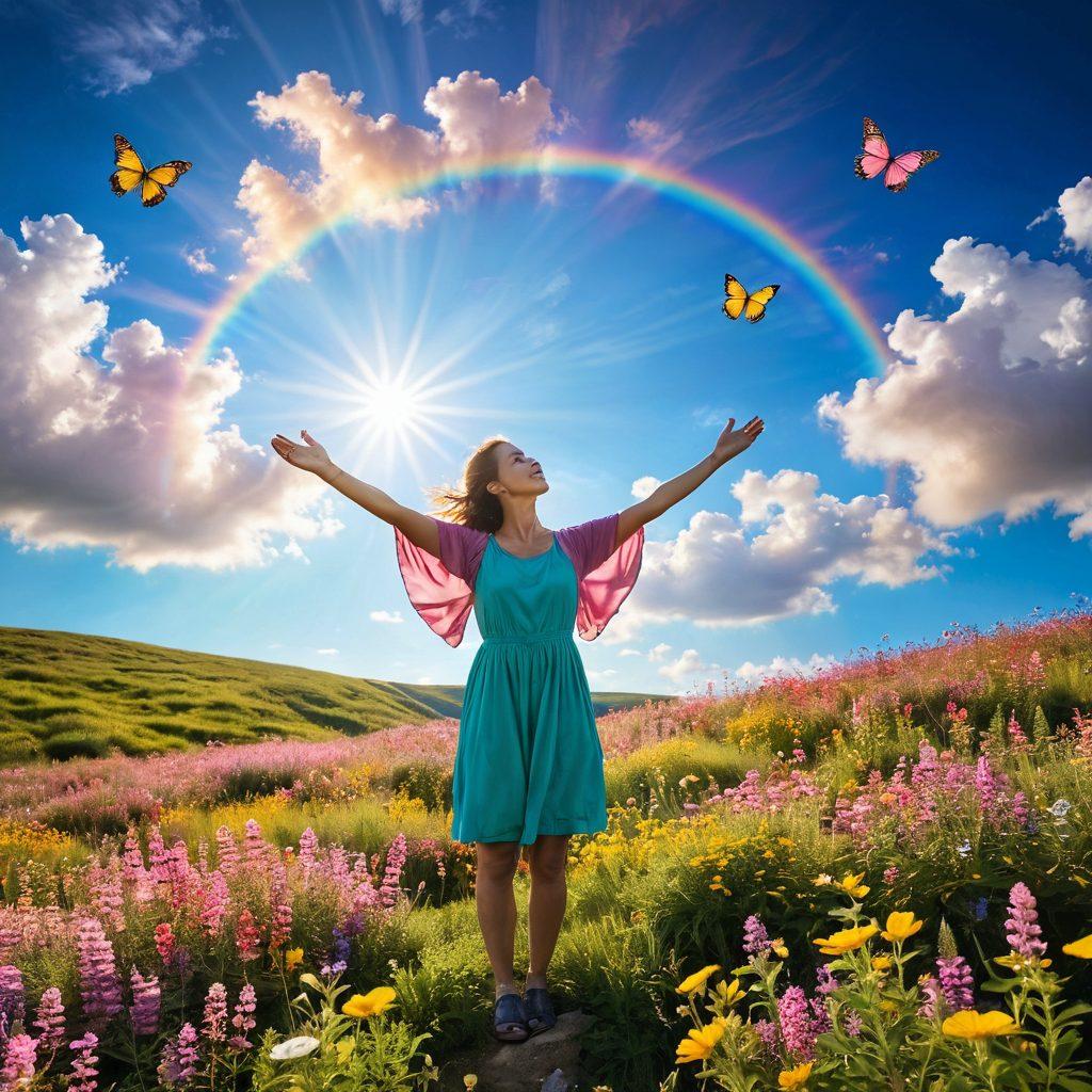 A person standing on a sunlit hilltop, arms outstretched to the sky, surrounded by colorful wildflowers and butterflies. The background is a bright blue sky with fluffy white clouds, symbolizing freedom and positivity. Soft light radiates from the person, creating a halo effect. Incorporate cheerful tones of yellow, pink, and green to evoke joy. vibrant colors. super-realistic.